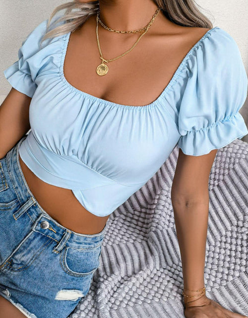 Load image into Gallery viewer, Square Neck Crisscross Flounce Sleeve Cropped Top
