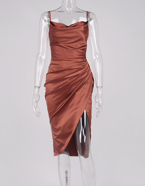 Load image into Gallery viewer, Midi Satin Dress Split Adjustable Strap
